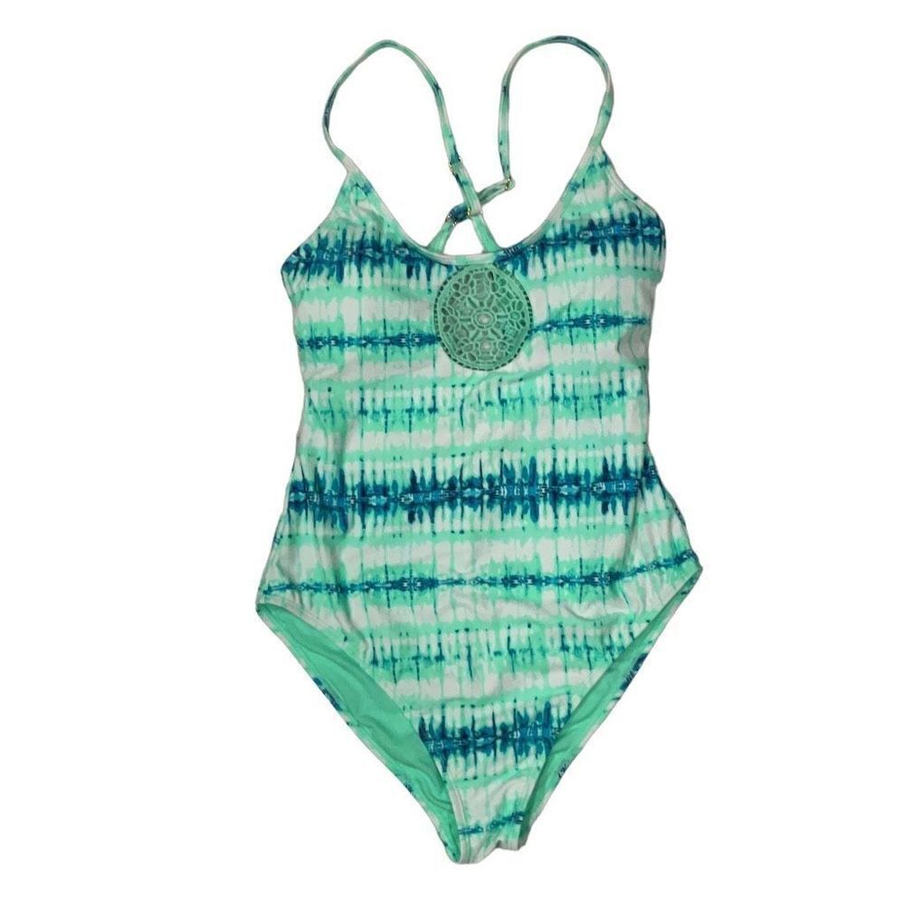 O’Rageous One Piece Mint Green Blue Criss Cross Straps Bathing Suit Swim NWT XL